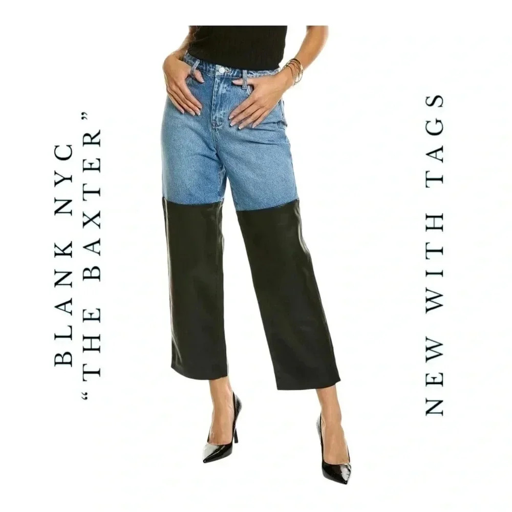 1327/1329. BLANK NYC “THE BAXTER” RIBCAGE‎ STRAIGHT LEG DENIM JEANS FAUX LEATHER